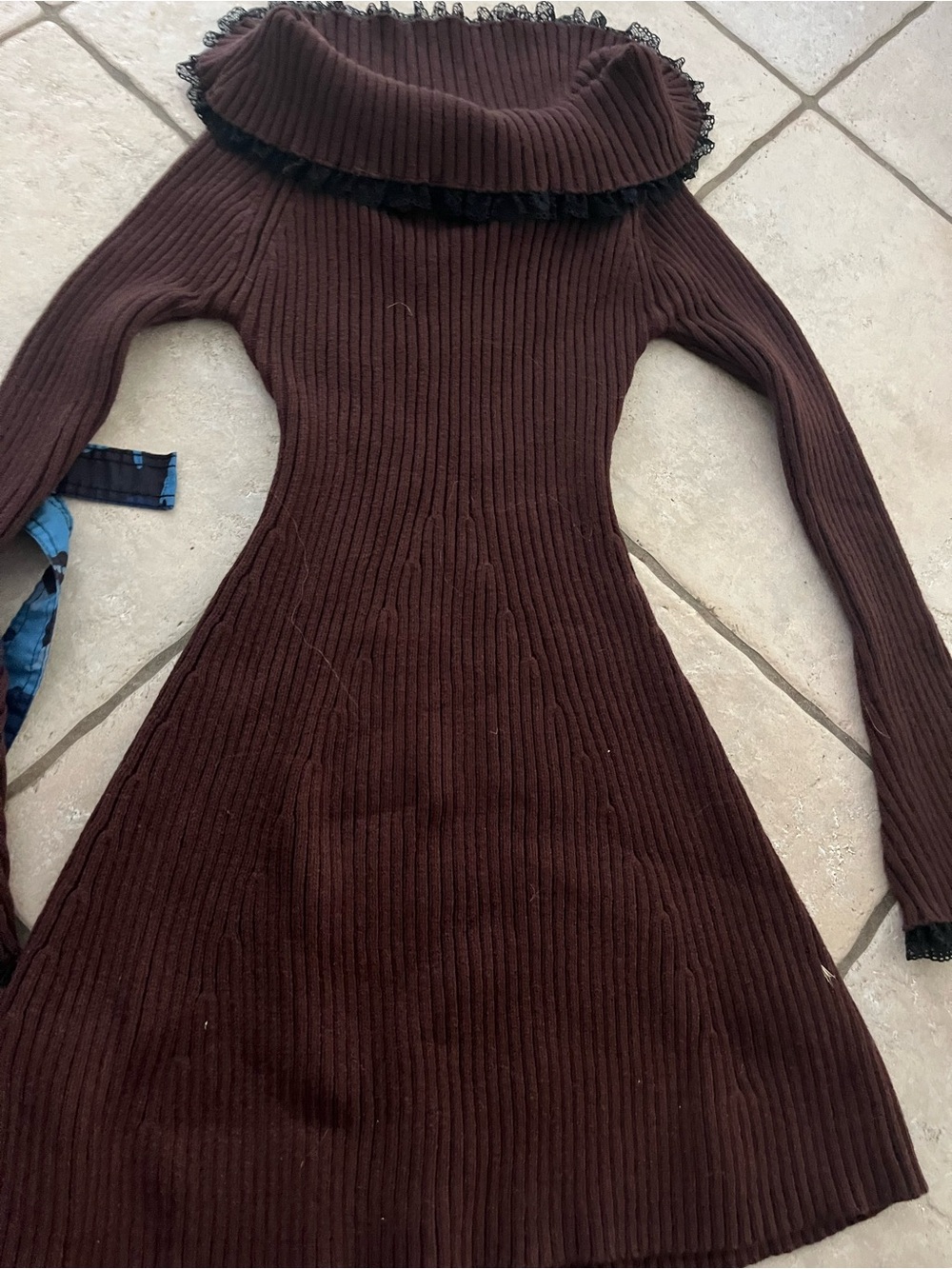 Ribbed Long Sleeve Sweater Dress with Lace Collar - Dark Brown